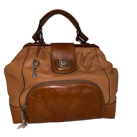 Fossil Handbags - Fossil Paloma Frame Doctor Satchel Brown Leather Bag Turnlock Key Charm